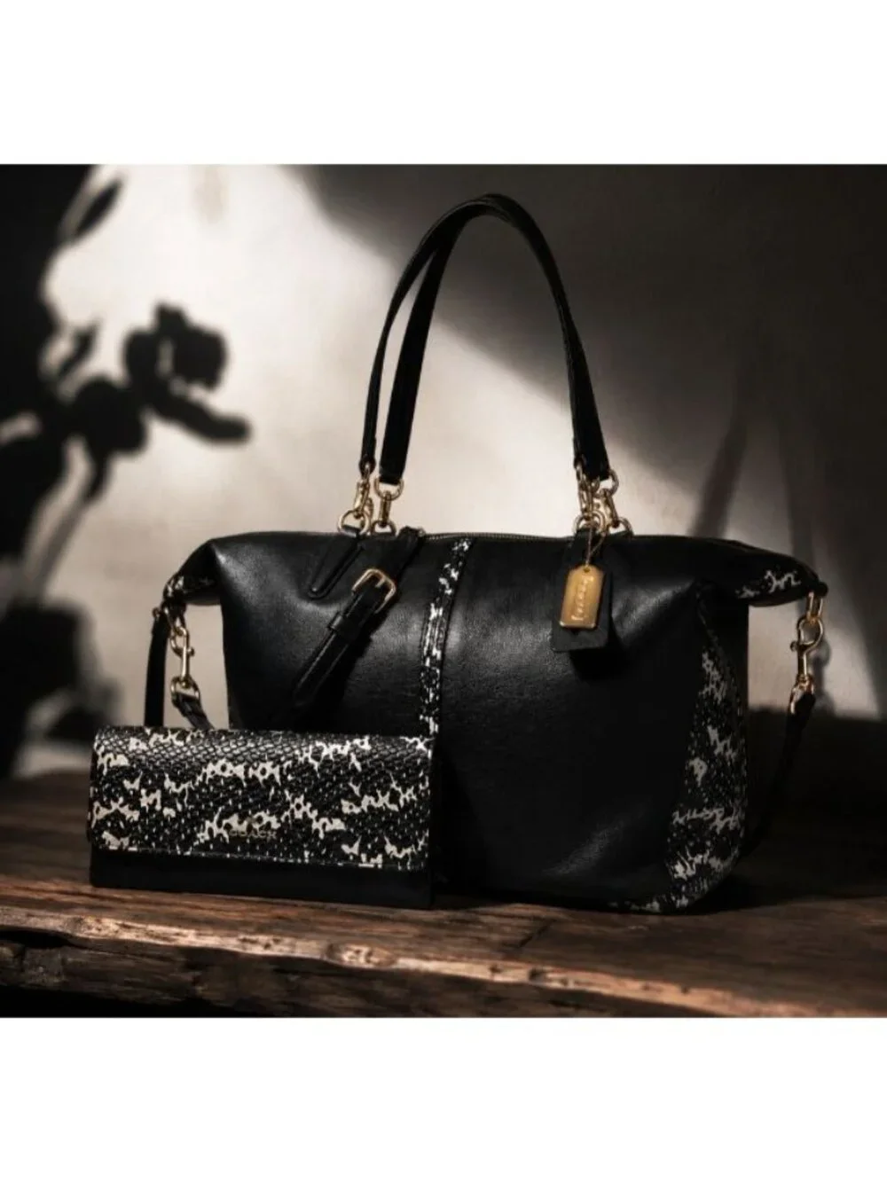 NWT Coach Bleecker Cooper Satchel Wallet Set Two Tone Python Leather 27984 BLK